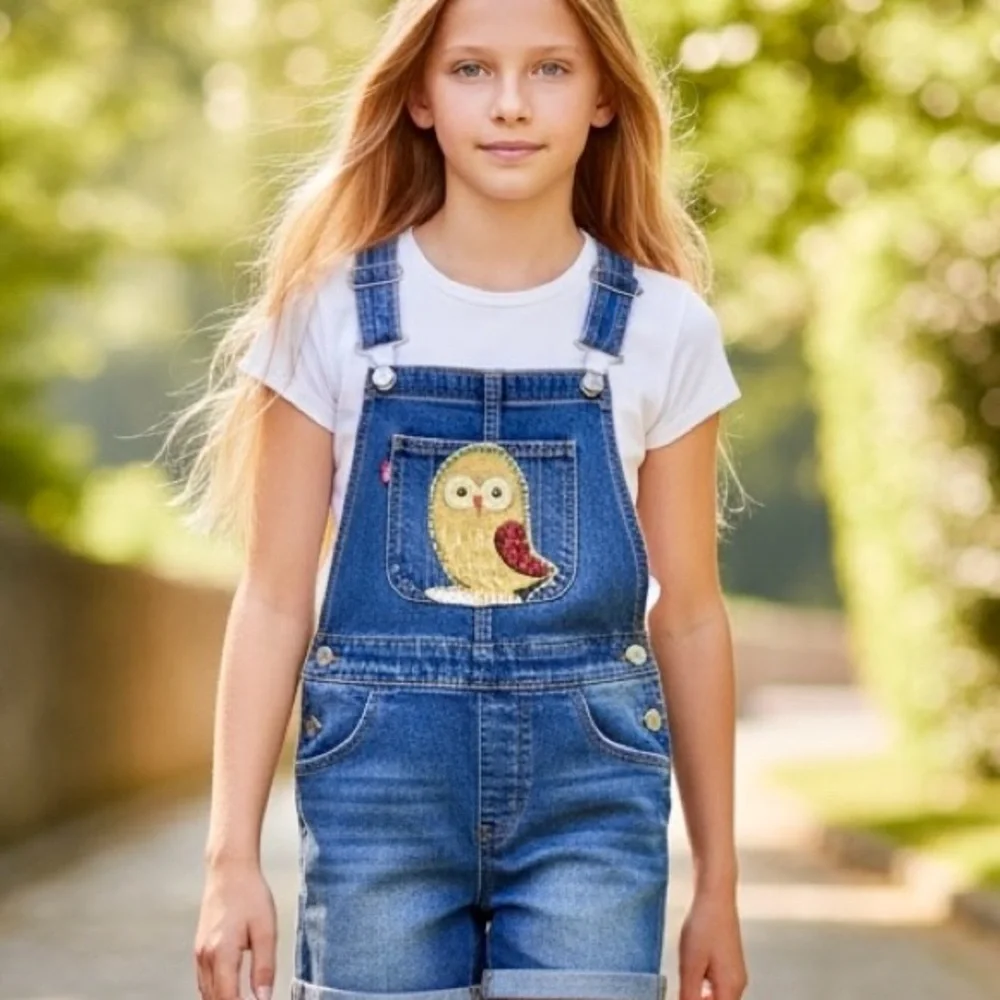 Levi's Light‎ Blue Denim Shortall Girls 16 Hand crafted Appliqué Owl on Bib